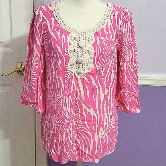 Lilly Pulitzer Pink Boho Tropical Zebra Crochet Neck Popover Tunic Top S - Picture 1 of 8